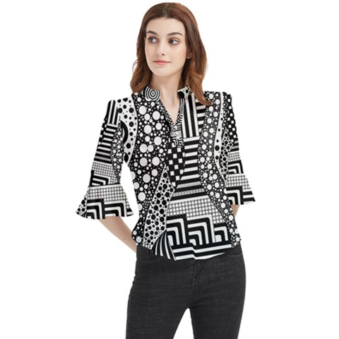 Black And White Loose Horn Sleeve Chiffon Blouse by gasi