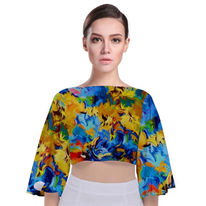 Abstract art Tie Back Butterfly Sleeve Chiffon Top