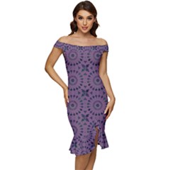 Kaleidoscope Scottish Violet Off Shoulder Ruffle Split Hem Bodycon Dress by Mazipoodles