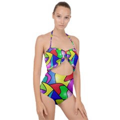 Colorful Abstract Art Scallop Top Cut Out Swimsuit by gasi