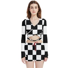 Grid-domino-bank-and-black Velvet Wrap Crop Top And Shorts Set by BangZart