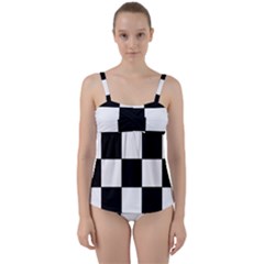 Grid-domino-bank-and-black Twist Front Tankini Set by BangZart