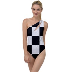 Grid-domino-bank-and-black To One Side Swimsuit by BangZart