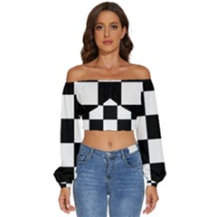 Grid-domino-bank-and-black Long Sleeve Crinkled Weave Crop Top by BangZart