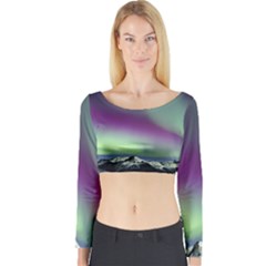 Aurora Stars Sky Mountains Snow Aurora Borealis Long Sleeve Crop Top by Uceng