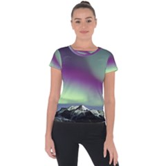 Aurora Stars Sky Mountains Snow Aurora Borealis Short Sleeve Sports Top  by Uceng