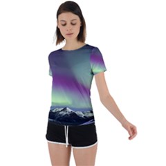 Aurora Stars Sky Mountains Snow Aurora Borealis Back Circle Cutout Sports Tee by Uceng