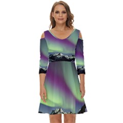 Aurora Stars Sky Mountains Snow Aurora Borealis Shoulder Cut Out Zip Up Dress by Uceng