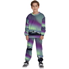 Aurora Stars Sky Mountains Snow Aurora Borealis Kids  Sweatshirt Set