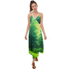 Anime Forrest Nature Fantasy Sunset Trees Woods Halter Tie Back Dress  by Uceng