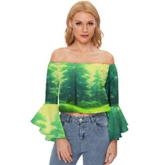 Anime Forrest Nature Fantasy Sunset Trees Woods Off Shoulder Flutter Bell Sleeve Top by Uceng