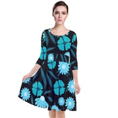 Flower Nature Blue Black Art Pattern Floral Quarter Sleeve Waist Band Dress by Uceng