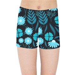 Flower Nature Blue Black Art Pattern Floral Kids  Sports Shorts by Uceng