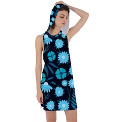 Flower Nature Blue Black Art Pattern Floral Racer Back Hoodie Dress by Uceng