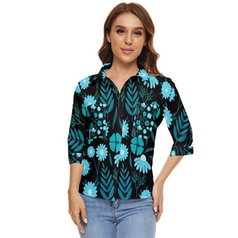 Flower Nature Blue Black Art Pattern Floral Women s Quarter Sleeve Pocket Shirt by Uceng