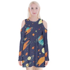 Space Galaxy Planet Universe Stars Night Fantasy Velvet Long Sleeve Shoulder Cutout Dress by Uceng