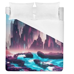 Urban City Cyberpunk River Cyber Tech Future Duvet Cover (queen Size) by Uceng