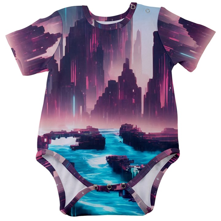 Urban City Cyberpunk River Cyber Tech Future Baby Short Sleeve Onesie Bodysuit