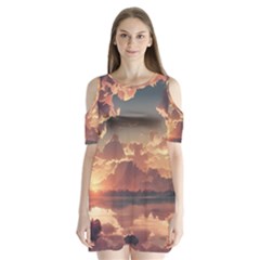 Sunset River Sky Clouds Nature Nostalgic Mountain Shoulder Cutout Velvet One Piece by Uceng