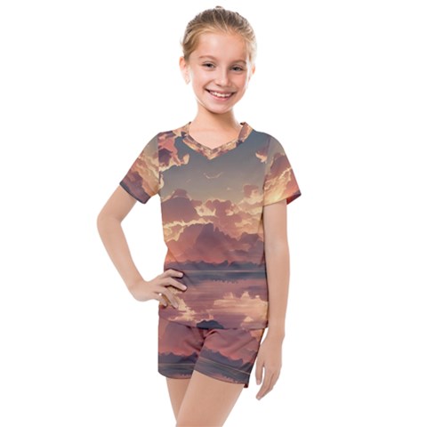 Sunset River Sky Clouds Nature Nostalgic Mountain Kids  Mesh Tee And Shorts Set by Uceng
