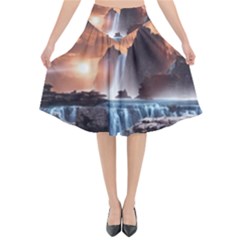Water Waterfall Nature River Lake Planet Fantasy Flared Midi Skirt by Uceng