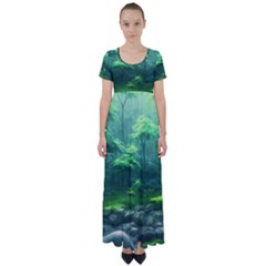 River Forest Woods Nature Rocks Japan Fantasy High Waist Short Sleeve Maxi Dress by Uceng