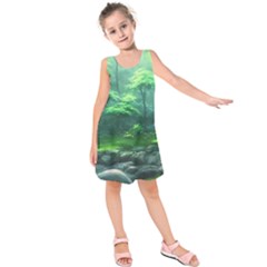 River Forest Woods Nature Rocks Japan Fantasy Kids  Sleeveless Dress by Uceng