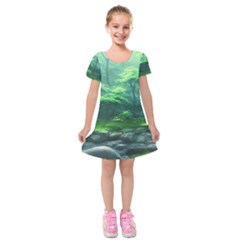 River Forest Woods Nature Rocks Japan Fantasy Kids  Short Sleeve Velvet Dress