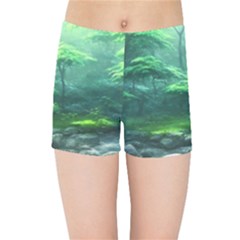 River Forest Woods Nature Rocks Japan Fantasy Kids  Sports Shorts by Uceng
