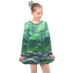 River Forest Woods Nature Rocks Japan Fantasy Kids  Long Sleeve Dress by Uceng