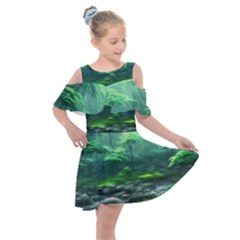 River Forest Woods Nature Rocks Japan Fantasy Kids  Shoulder Cutout Chiffon Dress