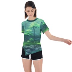 River Forest Woods Nature Rocks Japan Fantasy Asymmetrical Short Sleeve Sports Tee