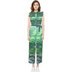 River Forest Woods Nature Rocks Japan Fantasy Women s Frill Top Chiffon Jumpsuit by Uceng