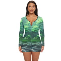 River Forest Woods Nature Rocks Japan Fantasy Long Sleeve Boyleg Swimsuit by Uceng