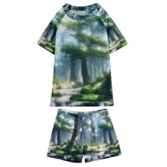 Forest Wood Nature Lake Swamp Water Trees Kids  Swim Tee And Shorts Set by Uceng