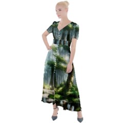 Forest Wood Nature Lake Swamp Water Trees Button Up Short Sleeve Maxi Dress