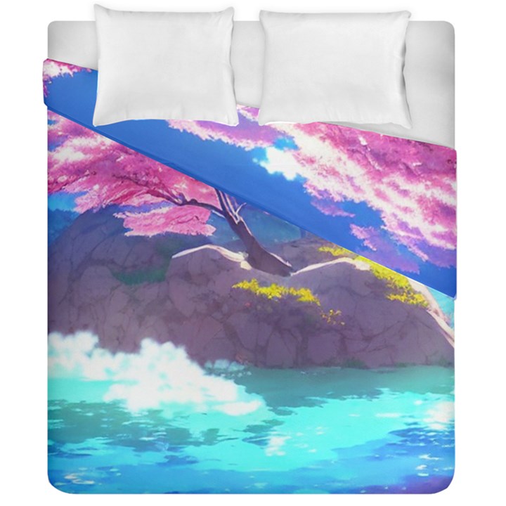 Fantasy Japan Mountains Cherry Blossoms Nature Duvet Cover Double Side (California King Size)