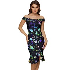 Christmas Star Gloss Lights Light Off Shoulder Ruffle Split Hem Bodycon Dress by Uceng