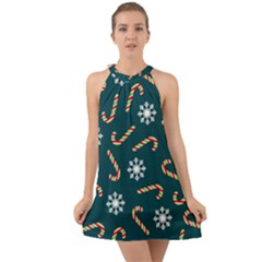 Christmas Seamless Pattern With Candies Snowflakes Halter Tie Back Chiffon Dress by Uceng