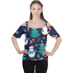 Colorful Funny Christmas Pattern Cutout Shoulder Tee