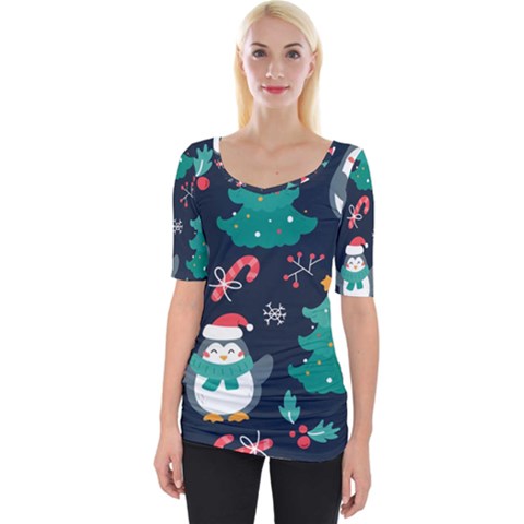 Colorful Funny Christmas Pattern Wide Neckline Tee by Uceng