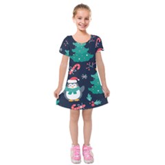 Colorful Funny Christmas Pattern Kids  Short Sleeve Velvet Dress