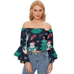 Colorful Funny Christmas Pattern Off Shoulder Flutter Bell Sleeve Top