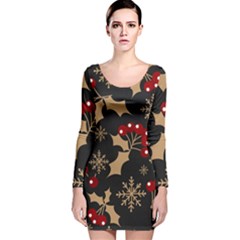 Christmas Pattern With Snowflakes Berries Long Sleeve Velvet Bodycon Dress by Uceng