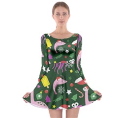 Dinosaur Colorful Funny Christmas Pattern Long Sleeve Skater Dress