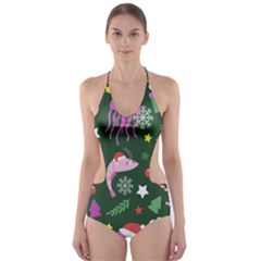 Dinosaur Colorful Funny Christmas Pattern Cut-Out One Piece Swimsuit