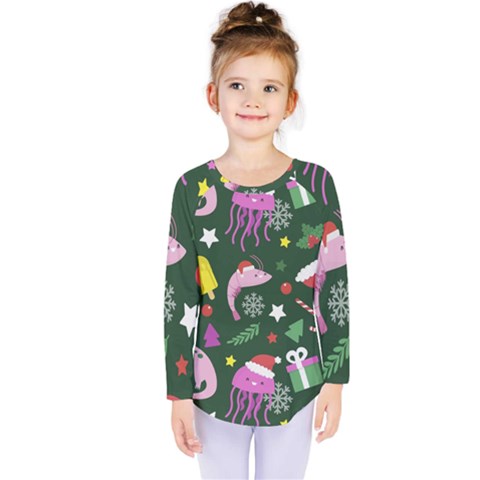 Dinosaur Colorful Funny Christmas Pattern Kids  Long Sleeve Tee by Uceng