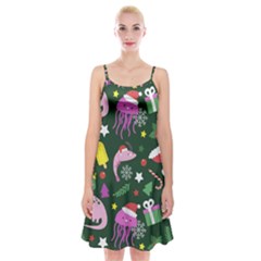 Dinosaur Colorful Funny Christmas Pattern Spaghetti Strap Velvet Dress