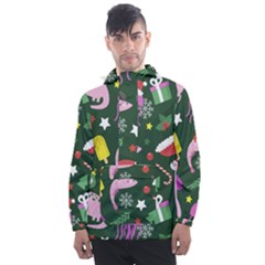 Dinosaur Colorful Funny Christmas Pattern Men s Front Pocket Pullover Windbreaker
