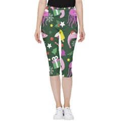 Dinosaur Colorful Funny Christmas Pattern Inside Out Lightweight Velour Capri Leggings 